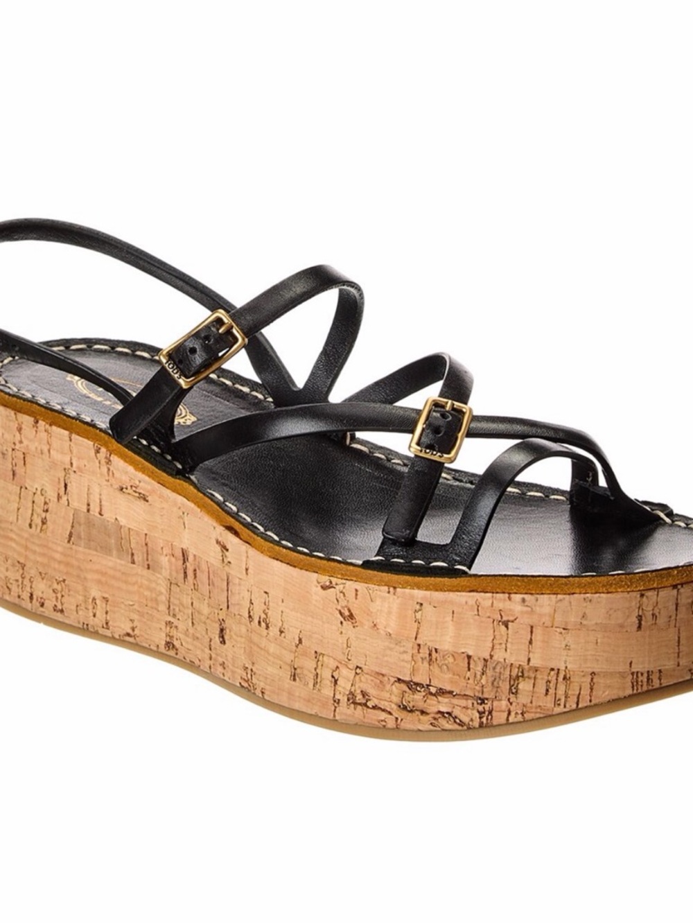 Tod's Black Leather Strappy Cork Platform Sandal
